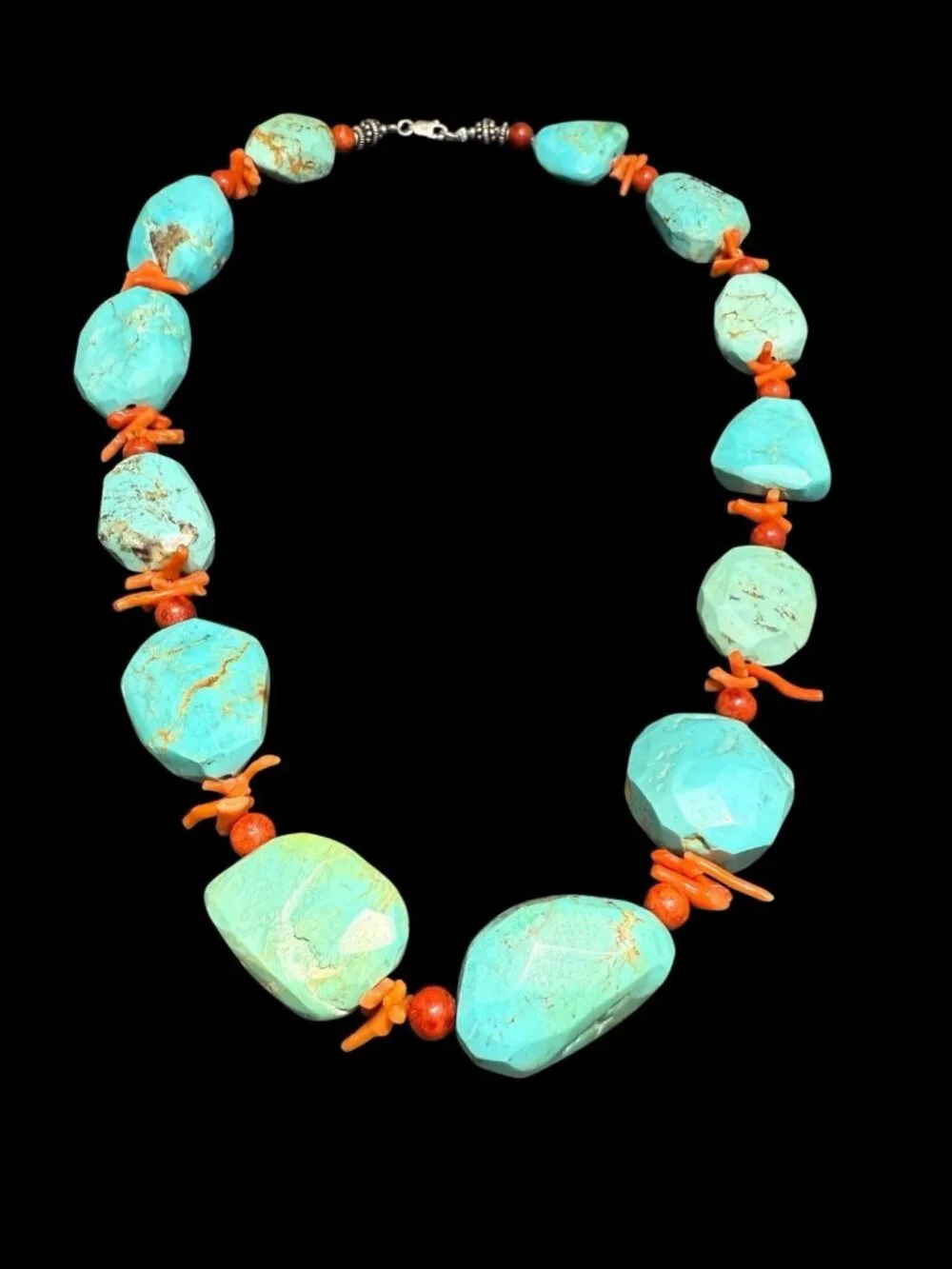 Vintage Turquoise Coral Bead Necklace Sterling Silver Clasp Statement
